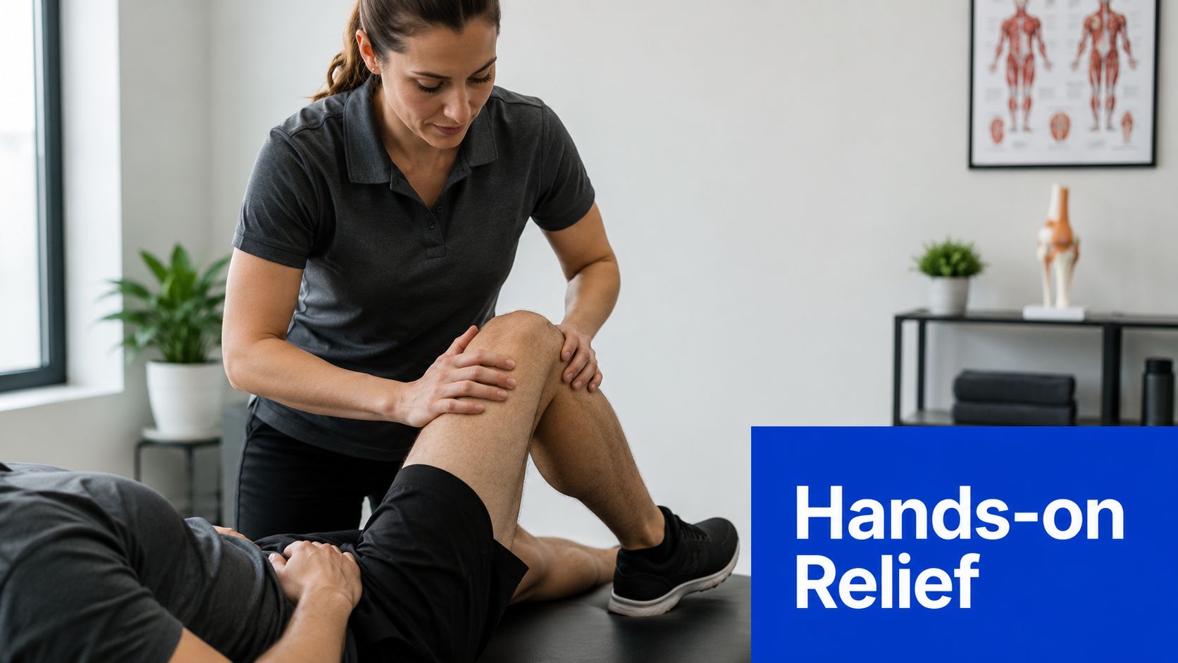 A professional physical therapist examines and treats a male patient's knee in a clinical setting.