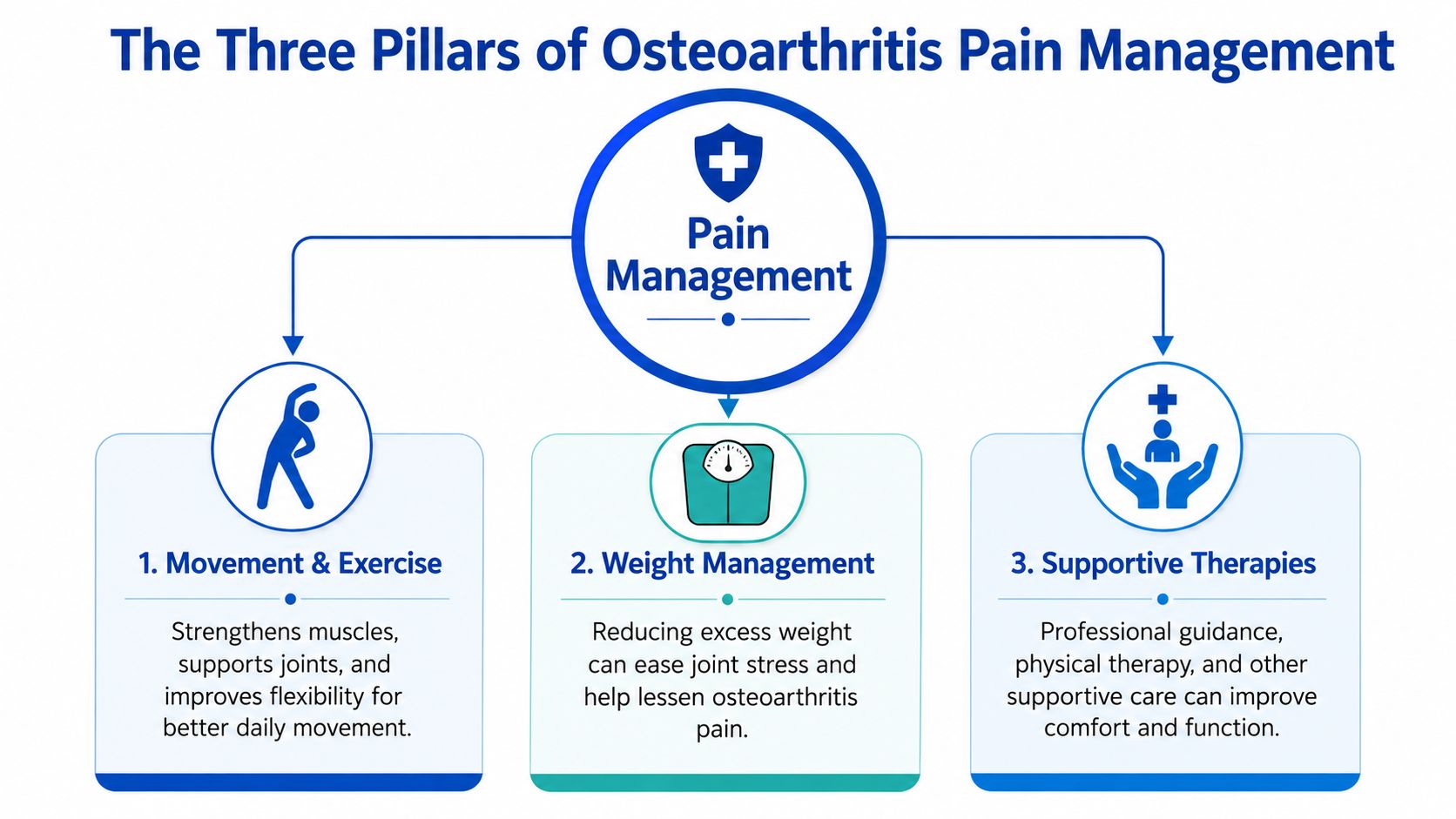 A diagram illustrating the three pillars of osteoarthritis pain management: movement and exercise, weight management, and supportive therapies.