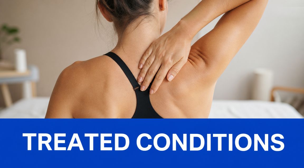 A person touching their upper back and shoulder area, indicating muscle pain or discomfort, with text below.