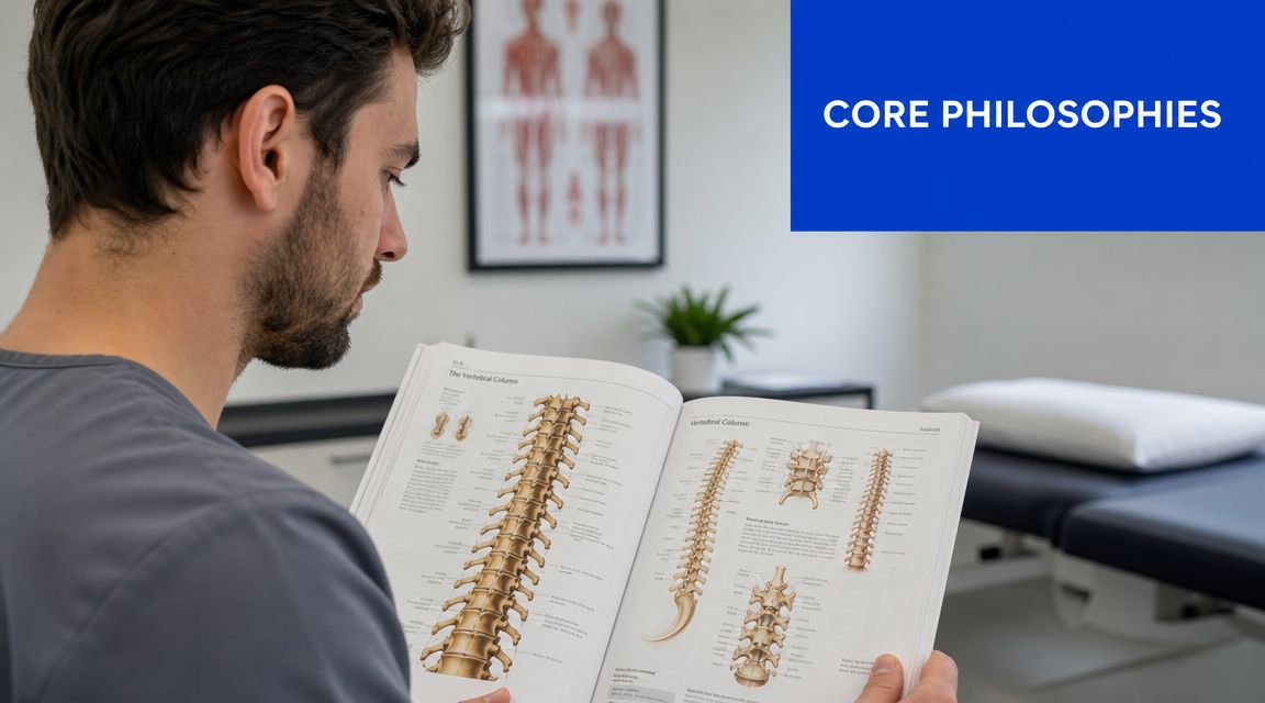 A male osteopath in a clinical setting examining a detailed medical textbook about the human vertebral column.
