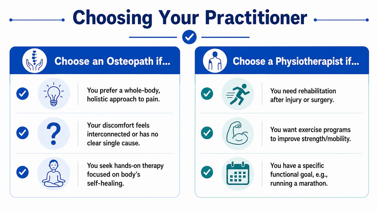A comparison chart showing when to choose an osteopath versus a physiotherapist for different health needs.