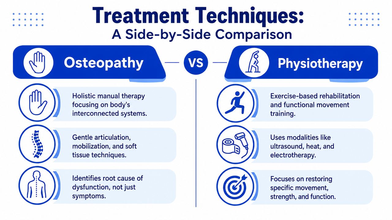 A comparison chart showing the differences between osteopathy and physiotherapy treatment techniques and their core focuses.