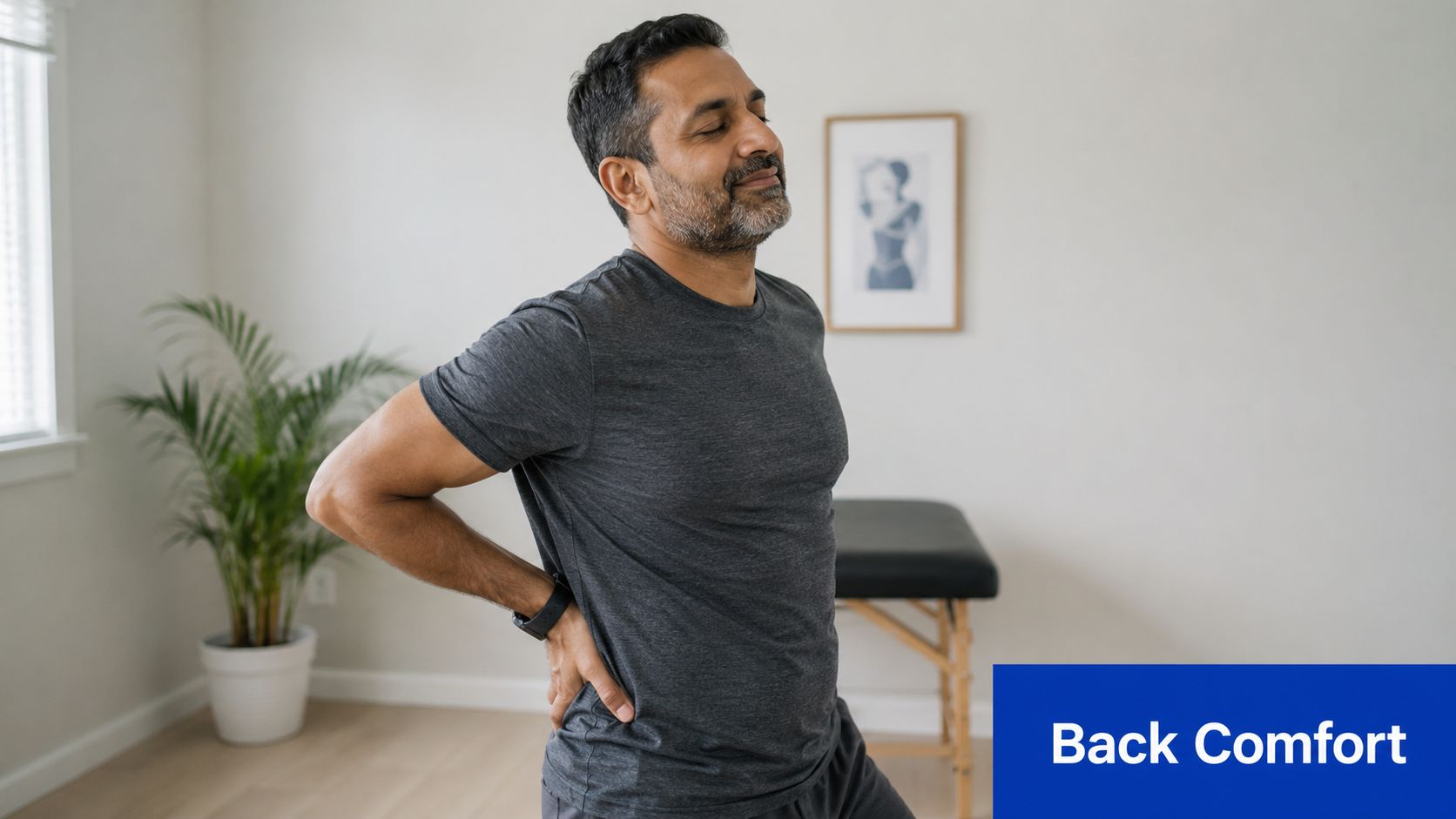 A middle-aged man standing in a treatment room holding his lower back due to physical discomfort.