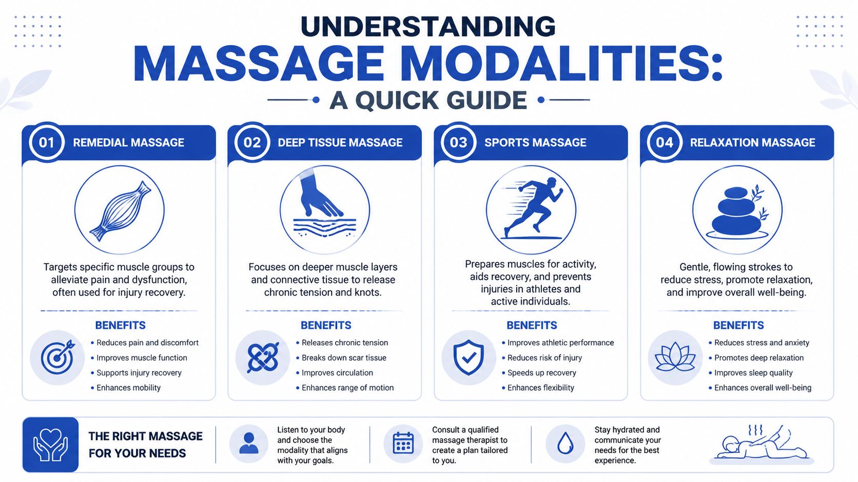 An infographic titled Understanding Massage Modalities describing remedial, deep tissue, sports, and relaxation massage benefits.