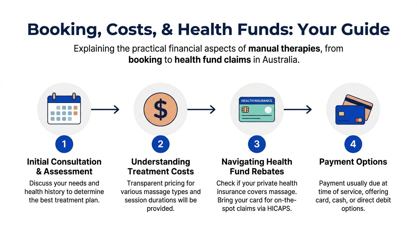 A four-step infographic guiding patients through booking, treatment costs, health insurance rebates, and payment methods for therapy.