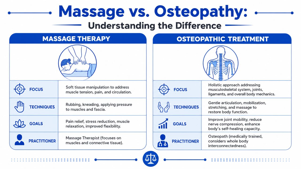 A comparison chart highlighting the key differences between massage therapy and osteopathic treatment for health and wellness.