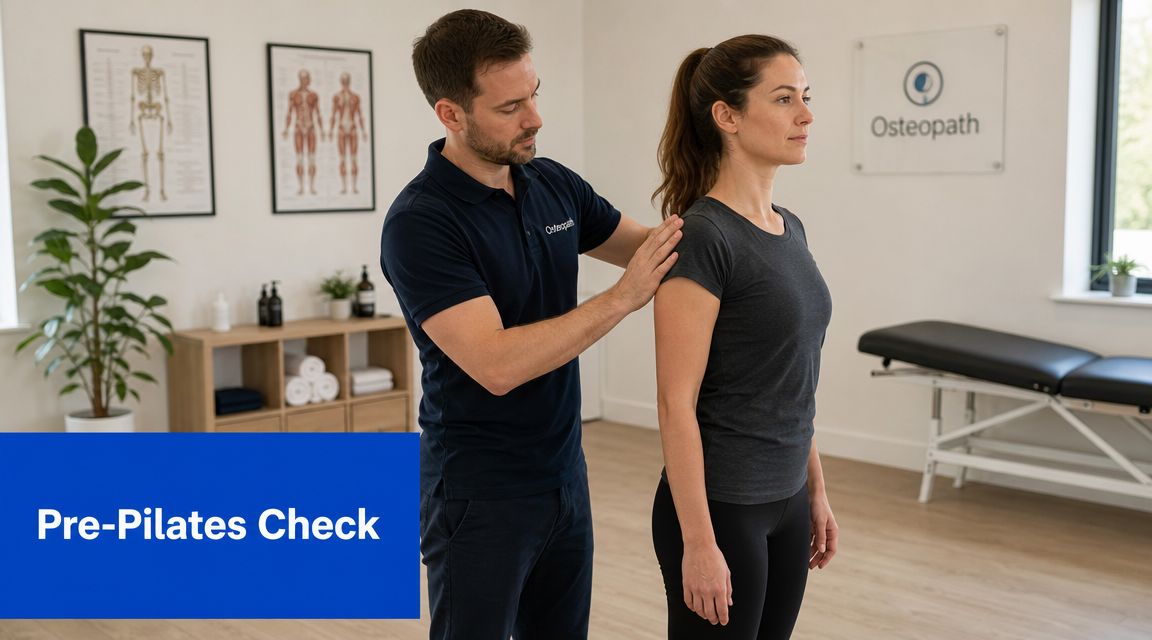 A professional osteopath assessing a female client's posture before starting her Pilates class in a clinic.