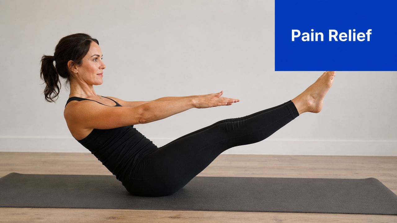A fit woman performing a pilates boat pose exercise on a yoga mat in a studio setting.