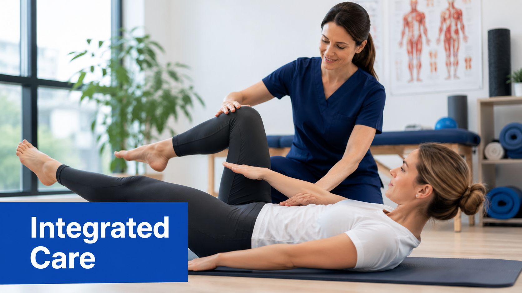 A physical therapist guiding a patient through a Pilates exercise on a mat in a clinic.