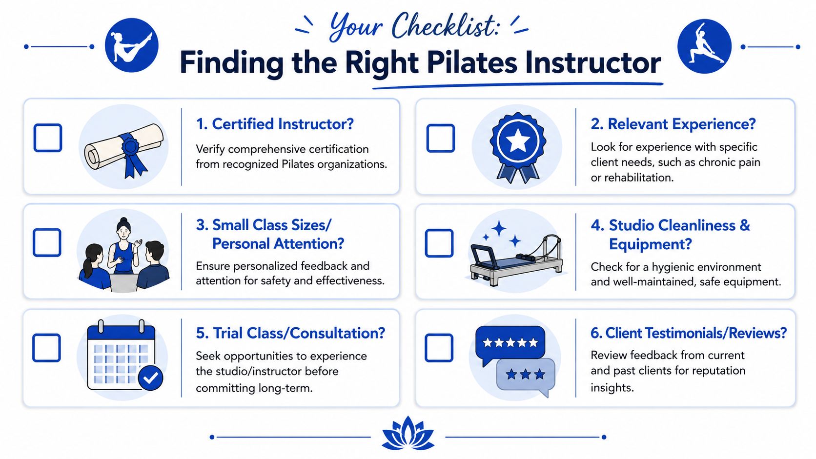 A checklist titled Finding the Right Pilates Instructor containing six numbered tips for choosing a studio.