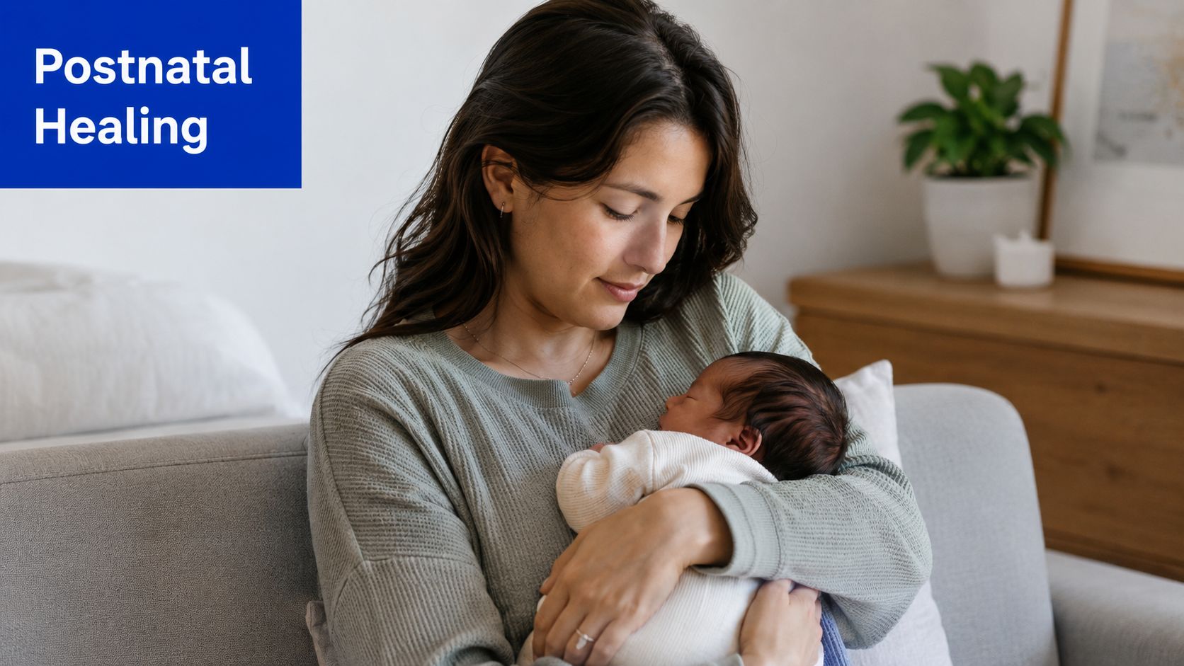 A woman affectionately holding her newborn baby while sitting comfortably on a grey couch.