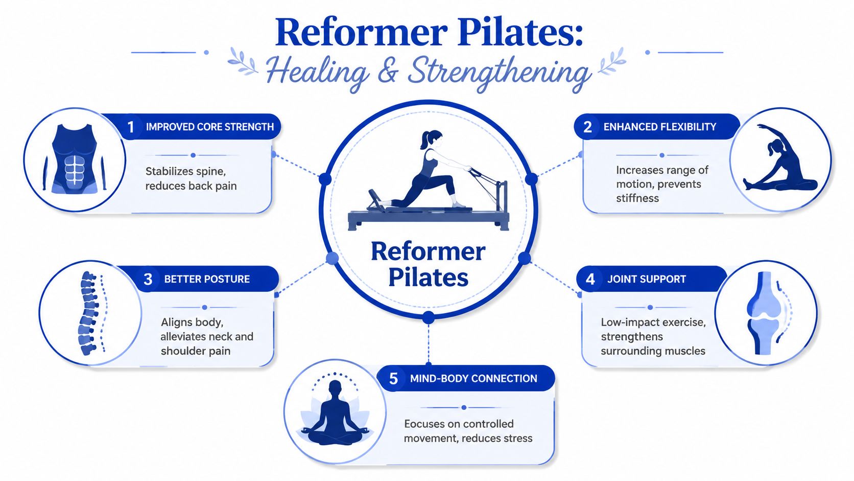 A visual infographic explaining the five health benefits of Reformer Pilates for physical and mental well-being.