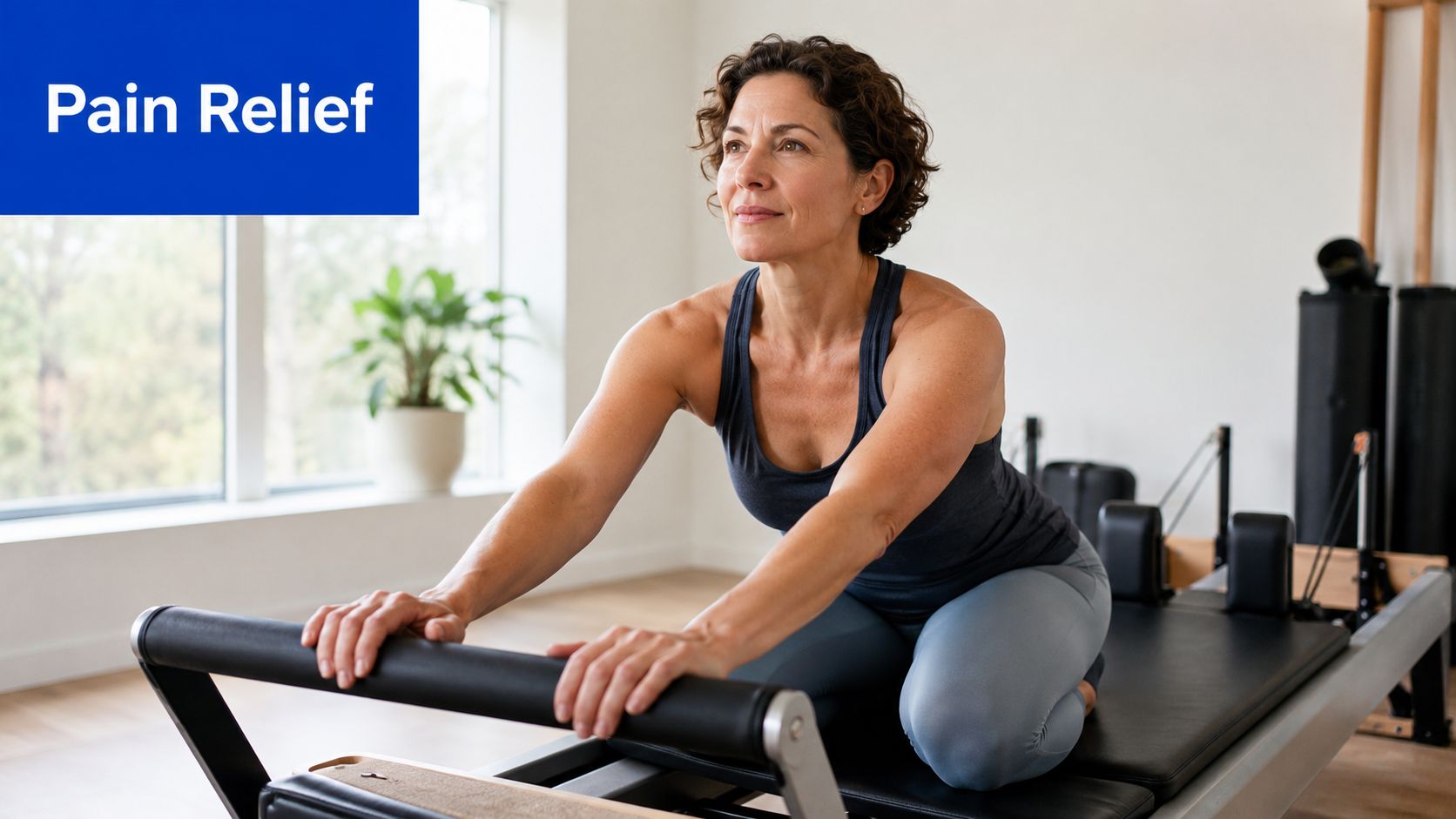 A woman performing Pilates exercises on a reformer machine to help with physical therapy and pain relief.