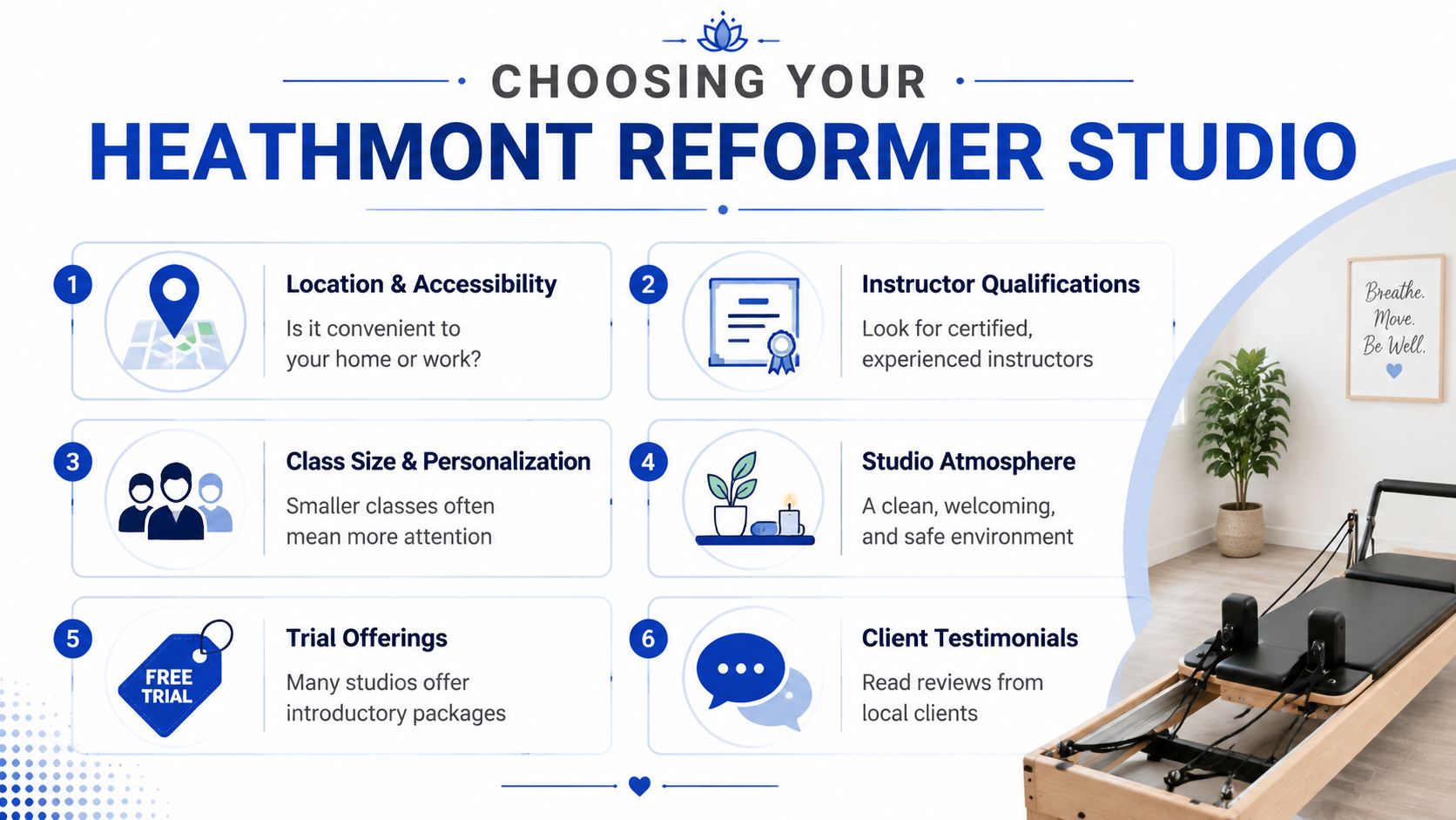 An infographic titled Choosing Your Heathmont Reformer Studio, outlining six key factors for selecting a Pilates studio.