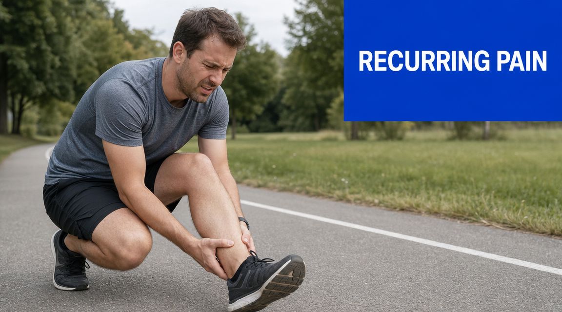 A man in athletic wear crouching on a path and holding his painful ankle while running.
