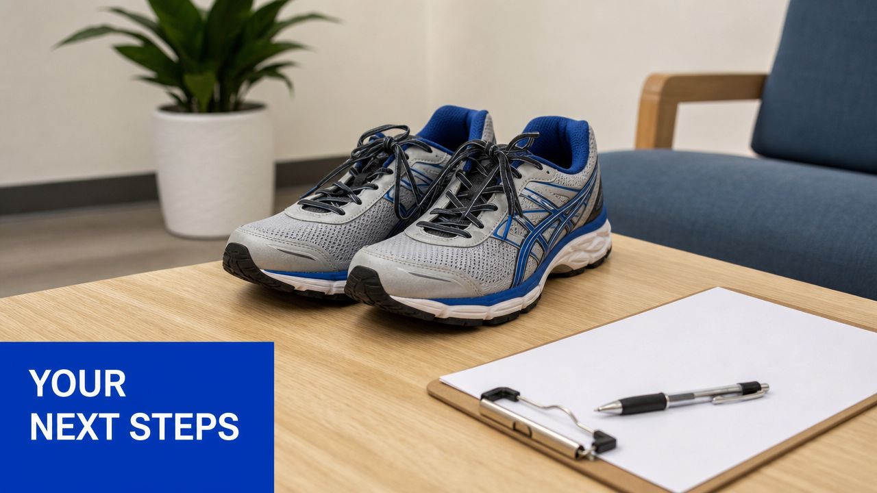 A pair of grey and blue athletic running shoes sit on a wooden table beside a clipboard and pen.