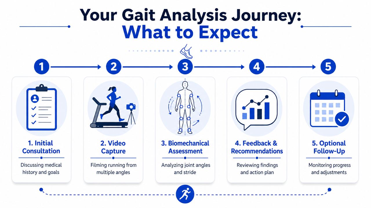 A five-step infographic explaining the process of a professional running gait analysis for improved performance.