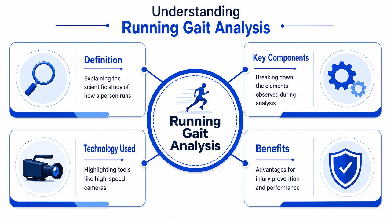 An infographic titled Understanding Running Gait Analysis featuring sections on definition, key components, technology, and benefits.