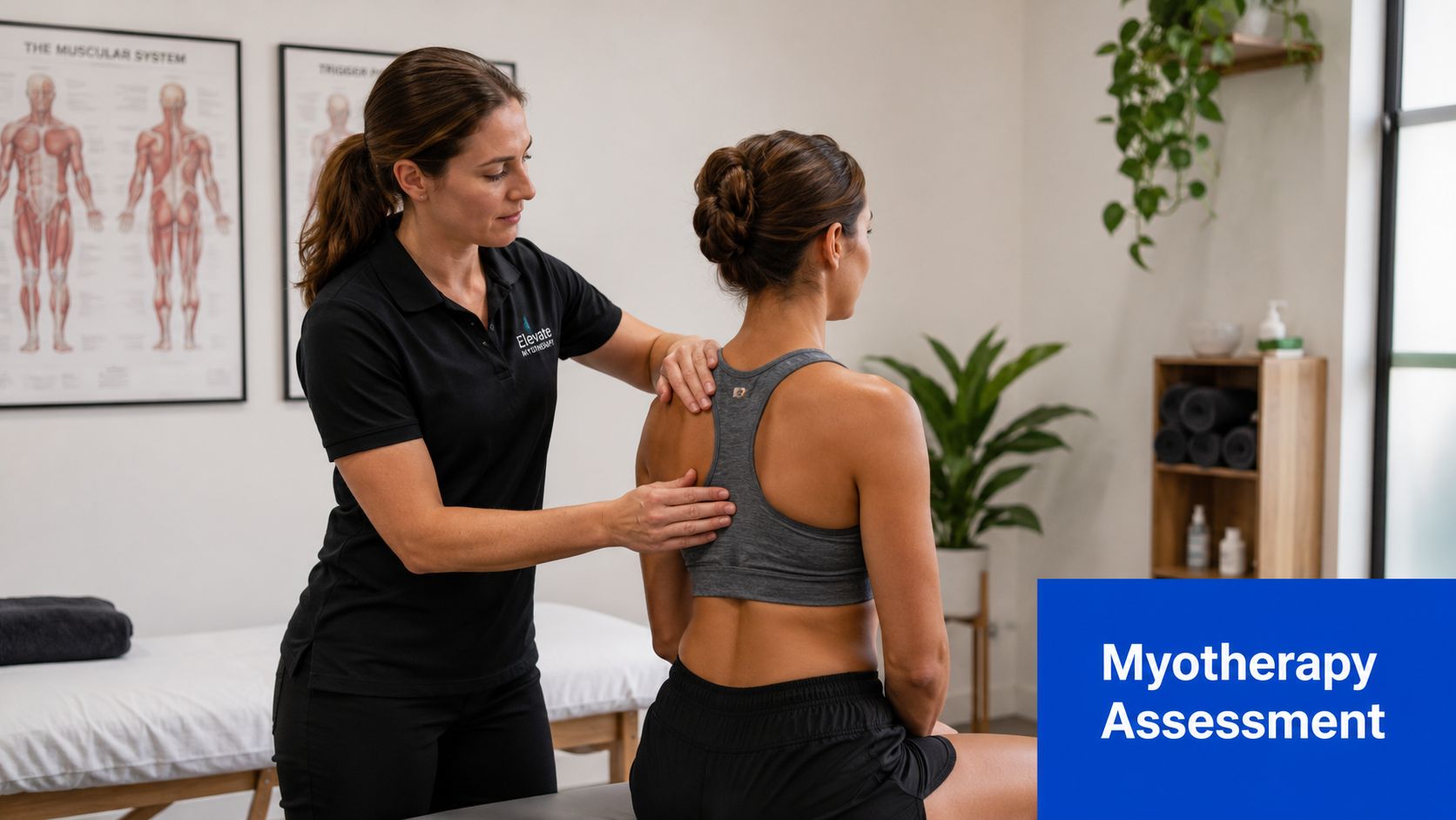 A professional myotherapist performing a physical assessment on a client's back in a clinic setting.