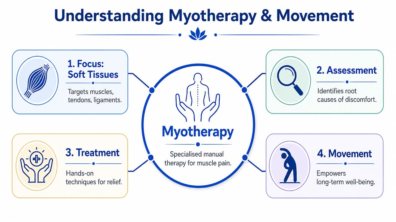 An infographic titled Understanding Myotherapy & Movement showing four key aspects of this specialized physical therapy.