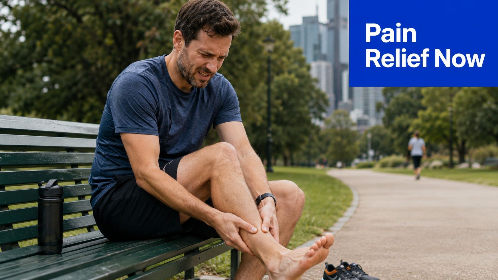 A man sitting on a park bench experiencing pain in his lower leg or calf.