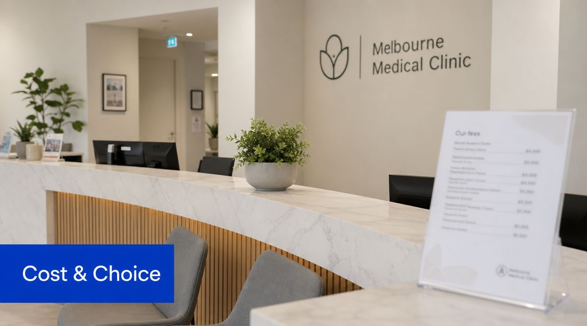 The reception desk of the modern and minimalist Melbourne Medical Clinic featuring a professional waiting area.