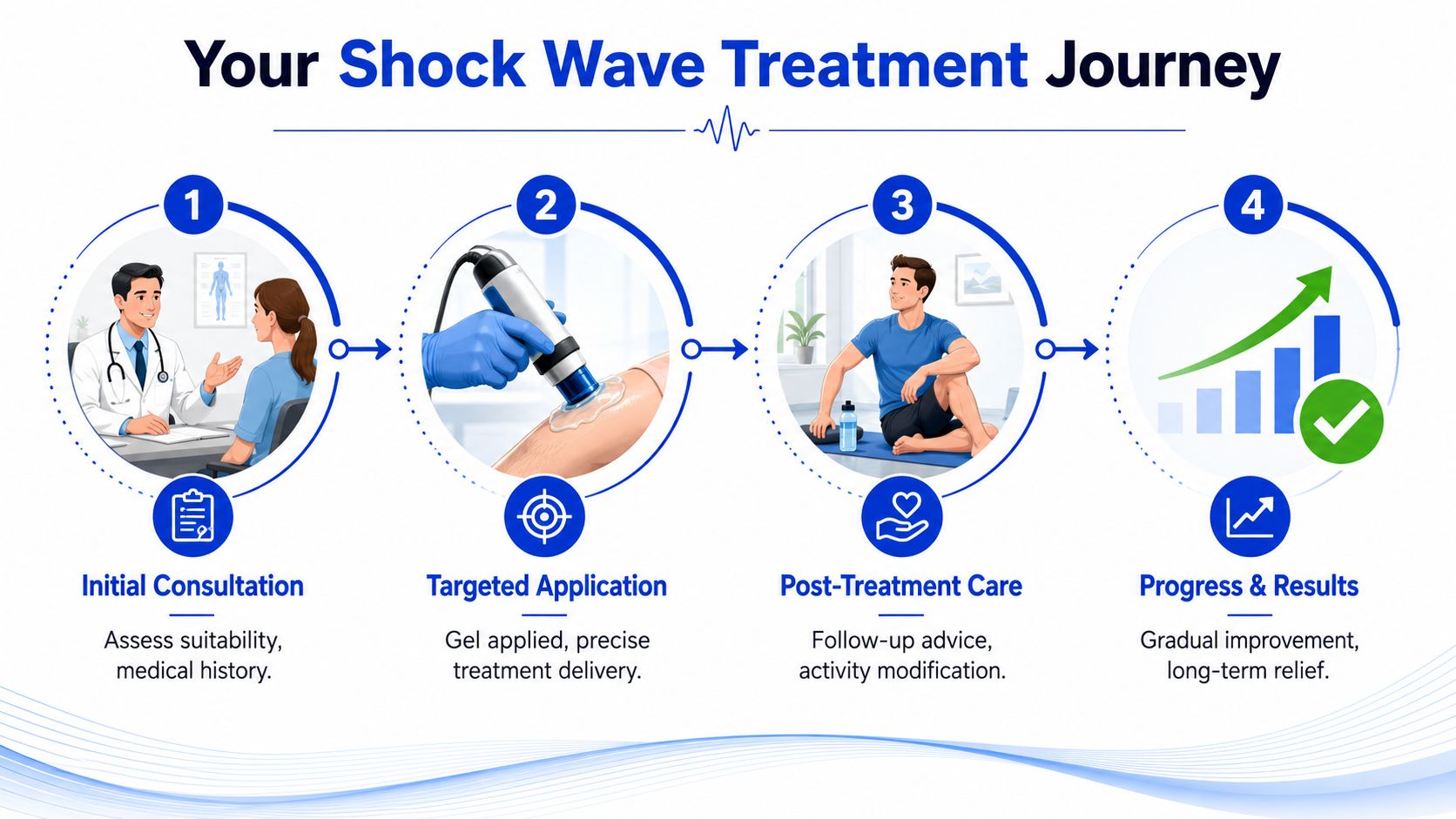 A four-step infographic illustrating the shock wave therapy treatment journey from initial consultation to positive results.