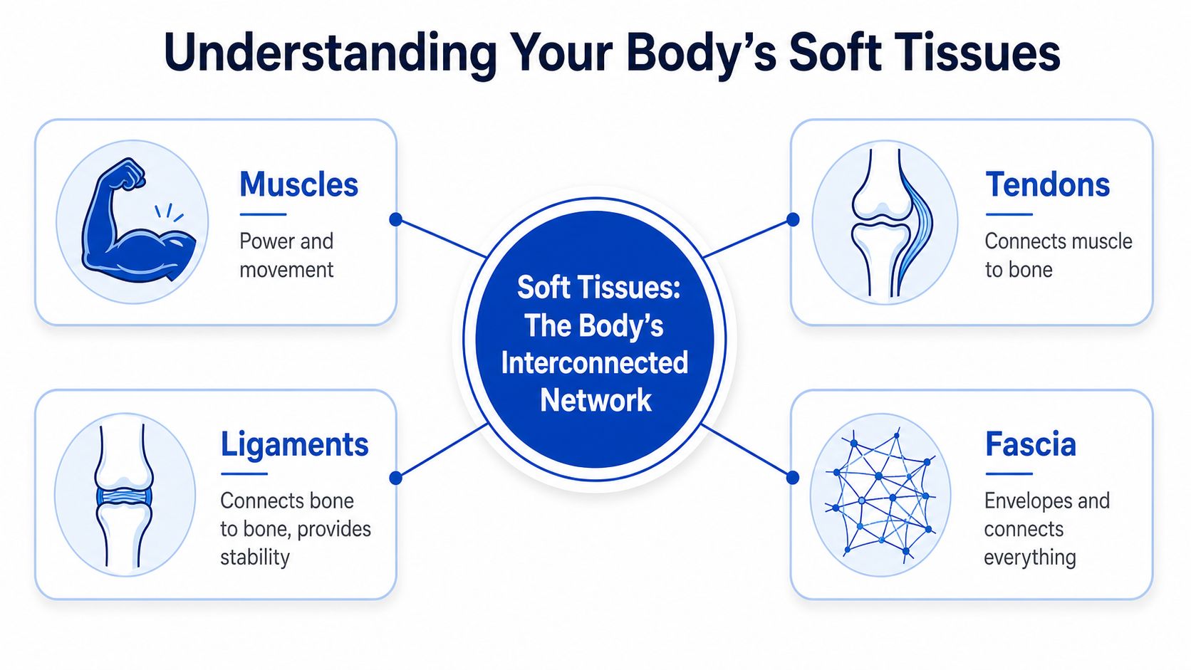 A diagram illustrating the four types of body soft tissues including muscles, tendons, ligaments, and fascia.