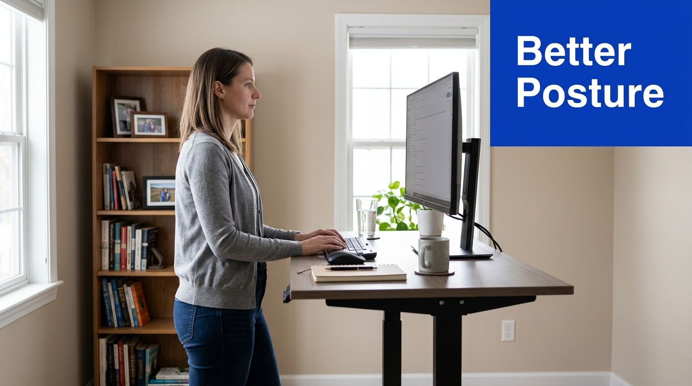 A woman maintains good posture while working at an adjustable standing desk in a home office.