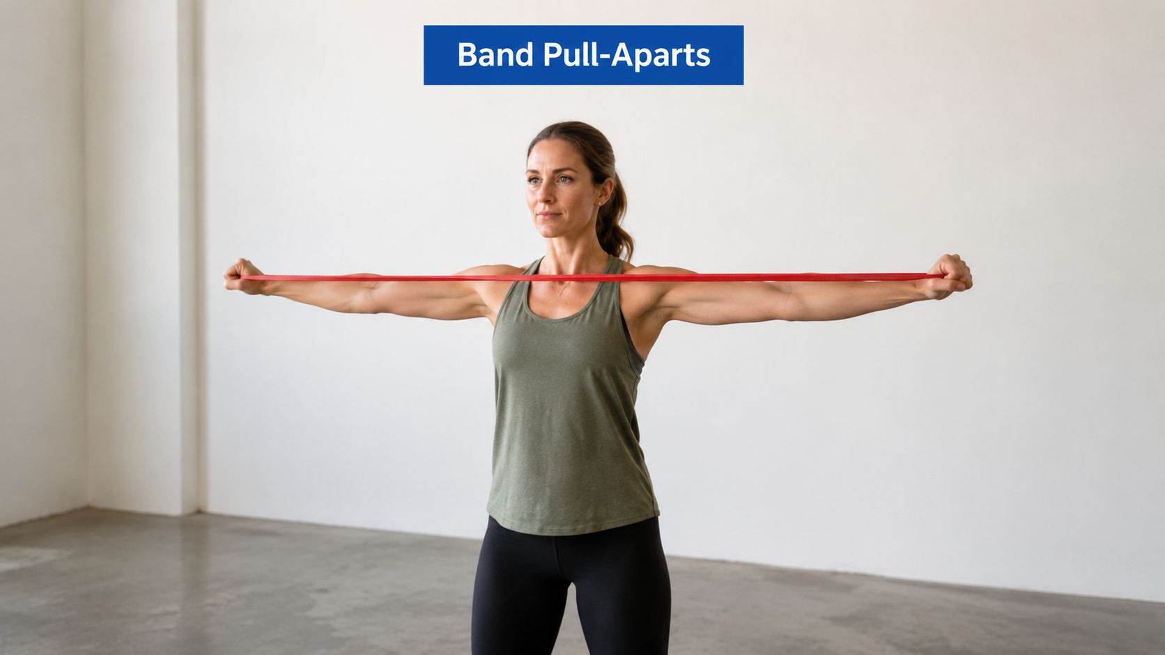 A woman performing band pull-apart exercises with a red resistance band in a bright studio.
