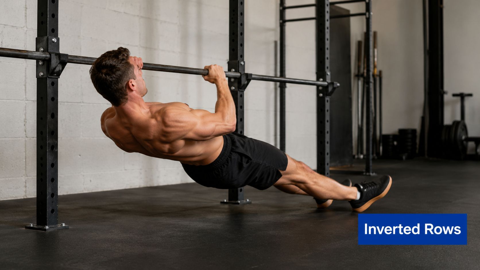 A fit man performing an inverted row exercise on a barbell in a gym setting.