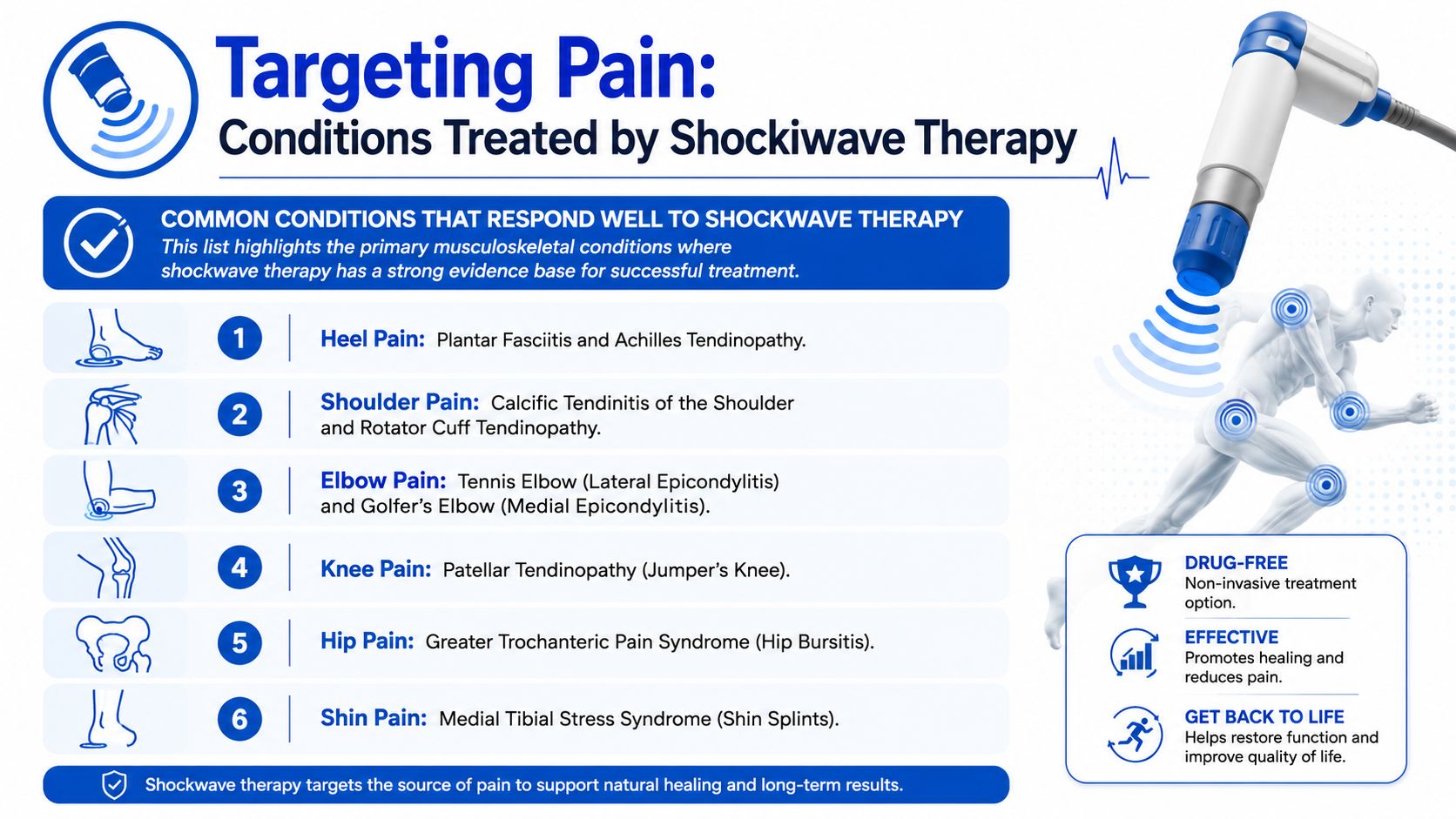 An infographic showing common musculoskeletal conditions effectively treated by non-invasive shockwave therapy, including heel, shoulder, and knee pain.