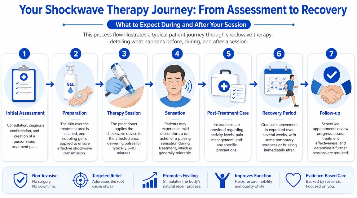 An infographic showing the seven-step patient journey for shockwave therapy, from initial assessment to recovery and follow-up.