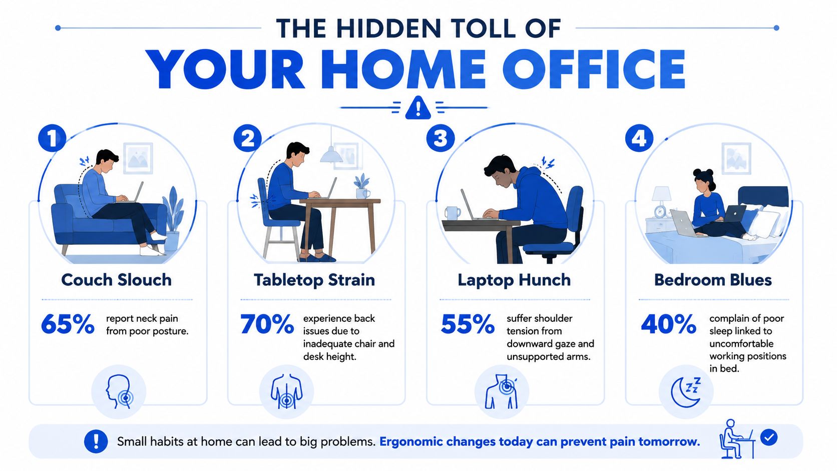 An infographic illustrating four common, harmful home office posture positions and the associated physical health risks.