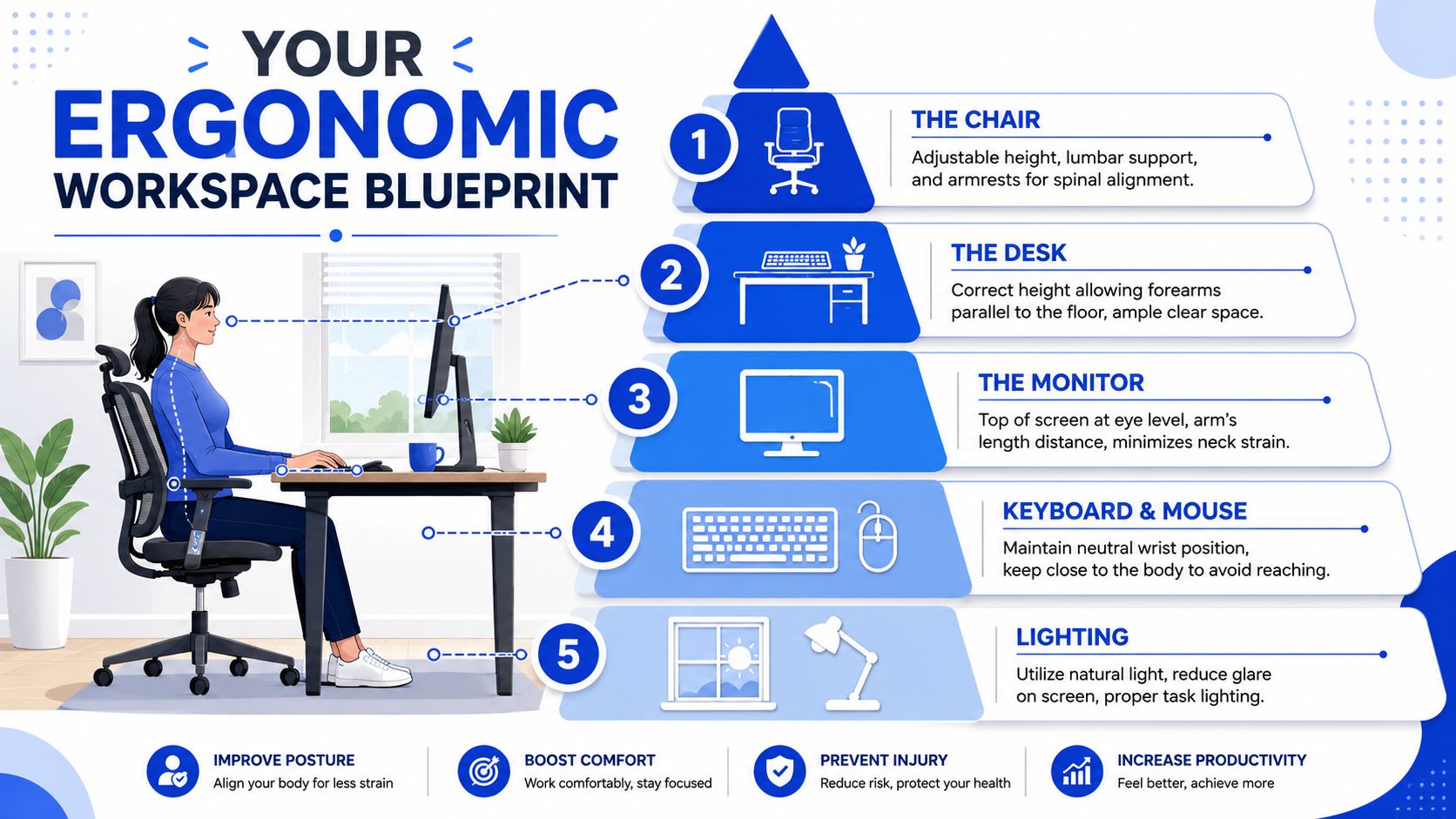An infographic showing the five key components for creating an ideal, comfortable, and healthy ergonomic home office setup.
