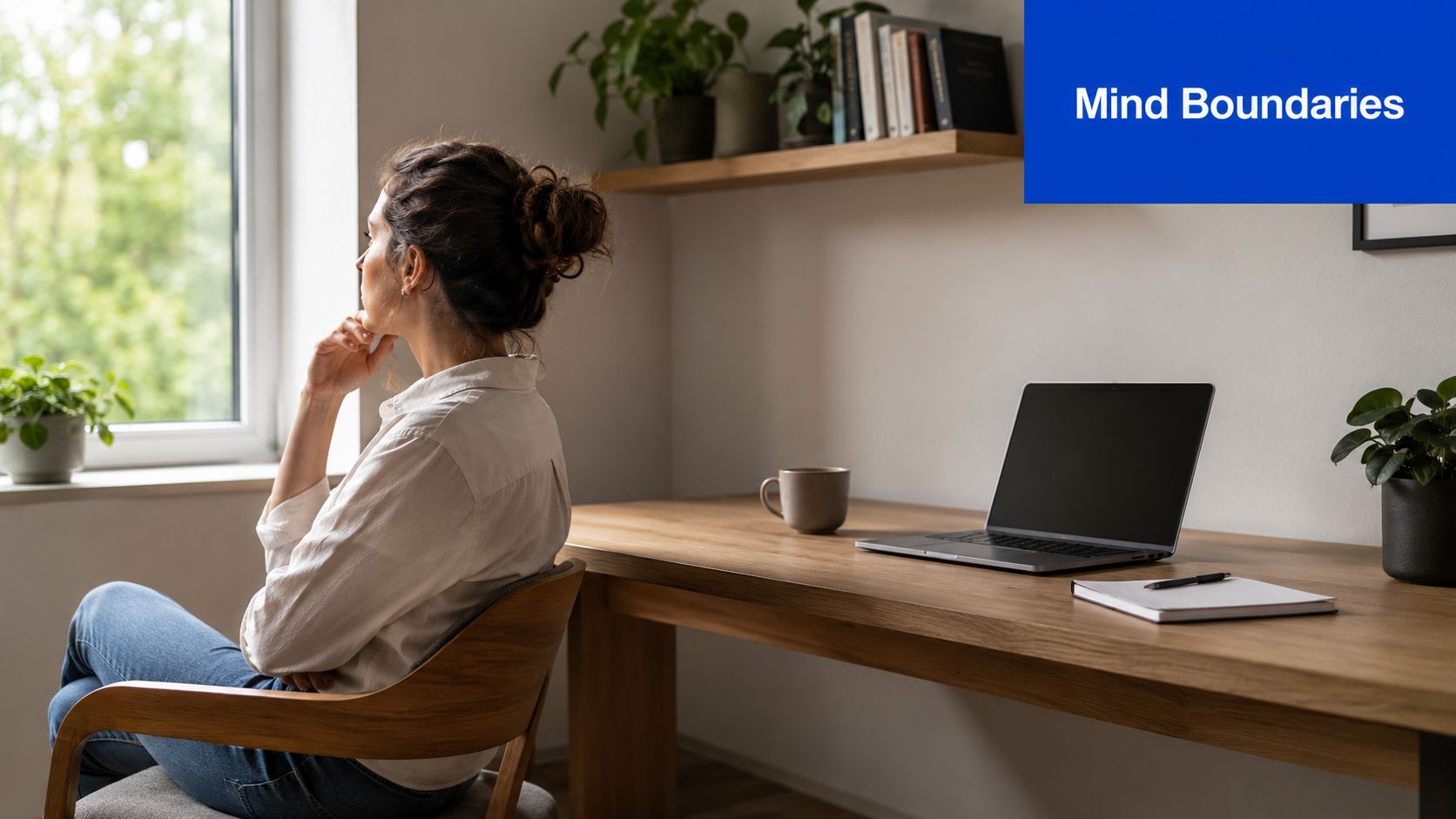 A woman sits in a chair by a bright window, gazing thoughtfully at her home office workspace.