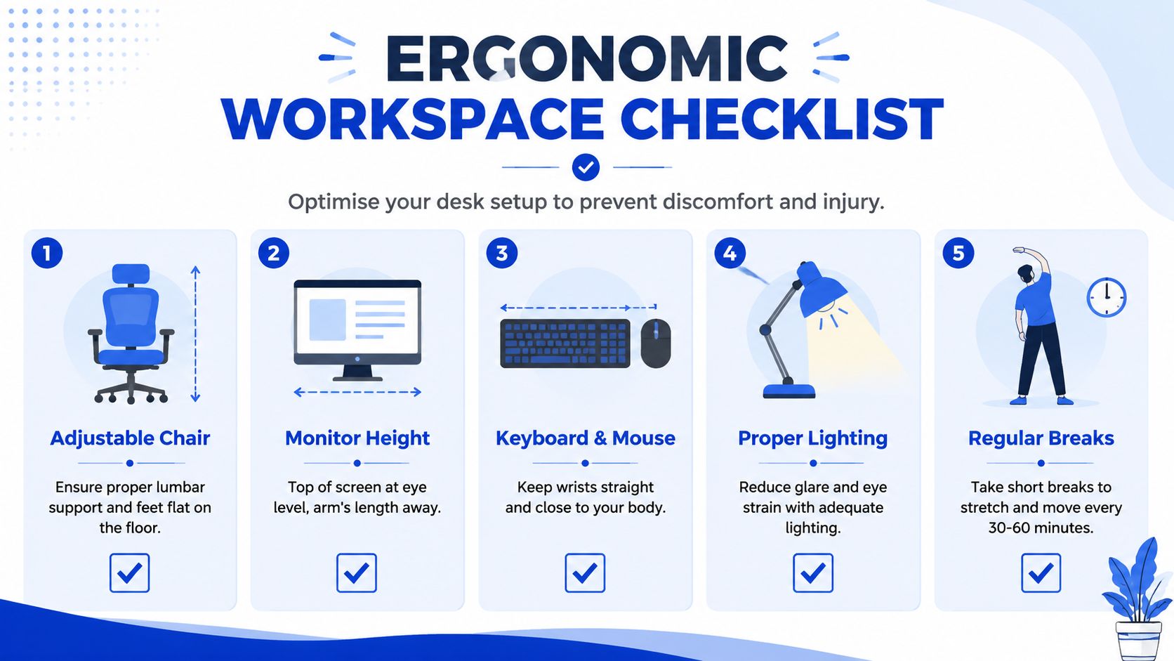 An infographic titled Ergonomic Workspace Checklist showing five essential tips for a healthy office setup.