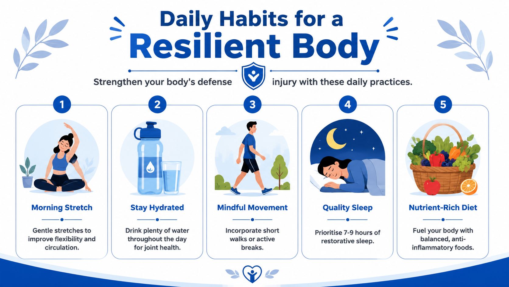 An infographic showing five daily habits for a resilient body, including stretching, hydration, walking, sleep, and nutrition.