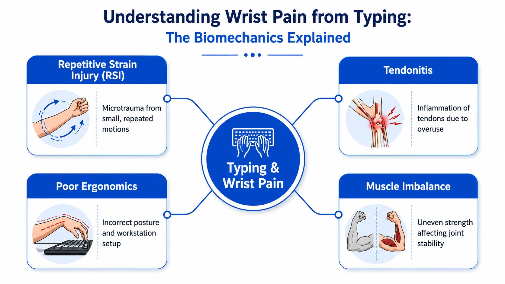 An infographic explaining the biomechanical causes of wrist pain related to typing, including RSI, tendonitis, ergonomics, and muscle imbalances.