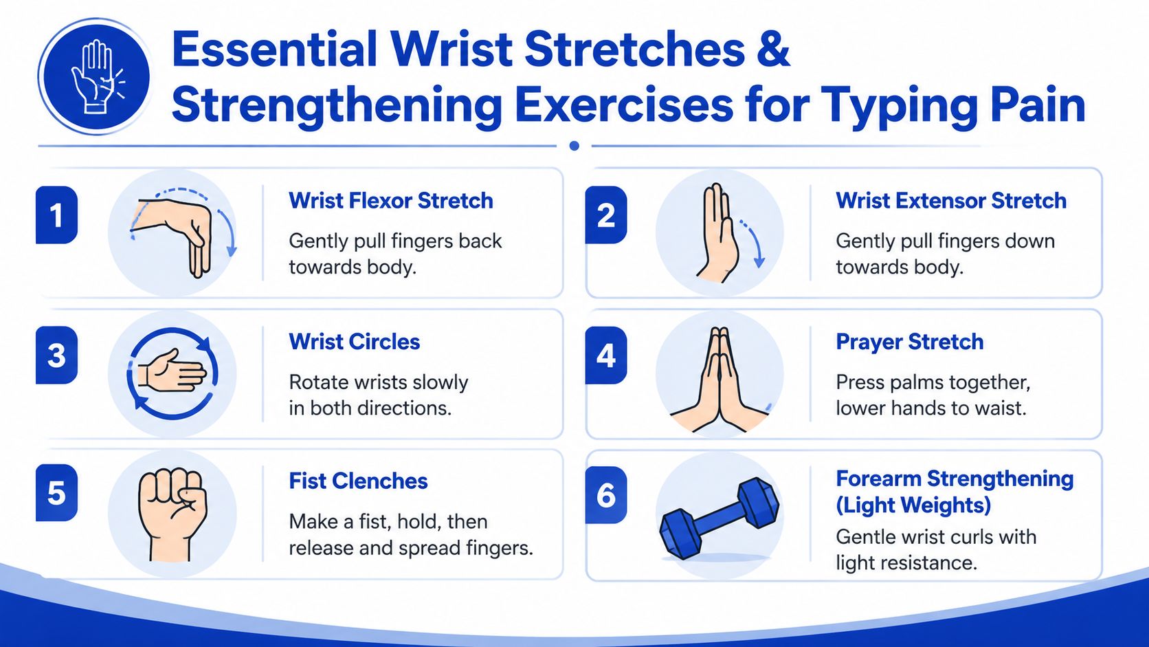 An infographic showing six simple wrist stretches and strengthening exercises for relieving pain caused by typing.