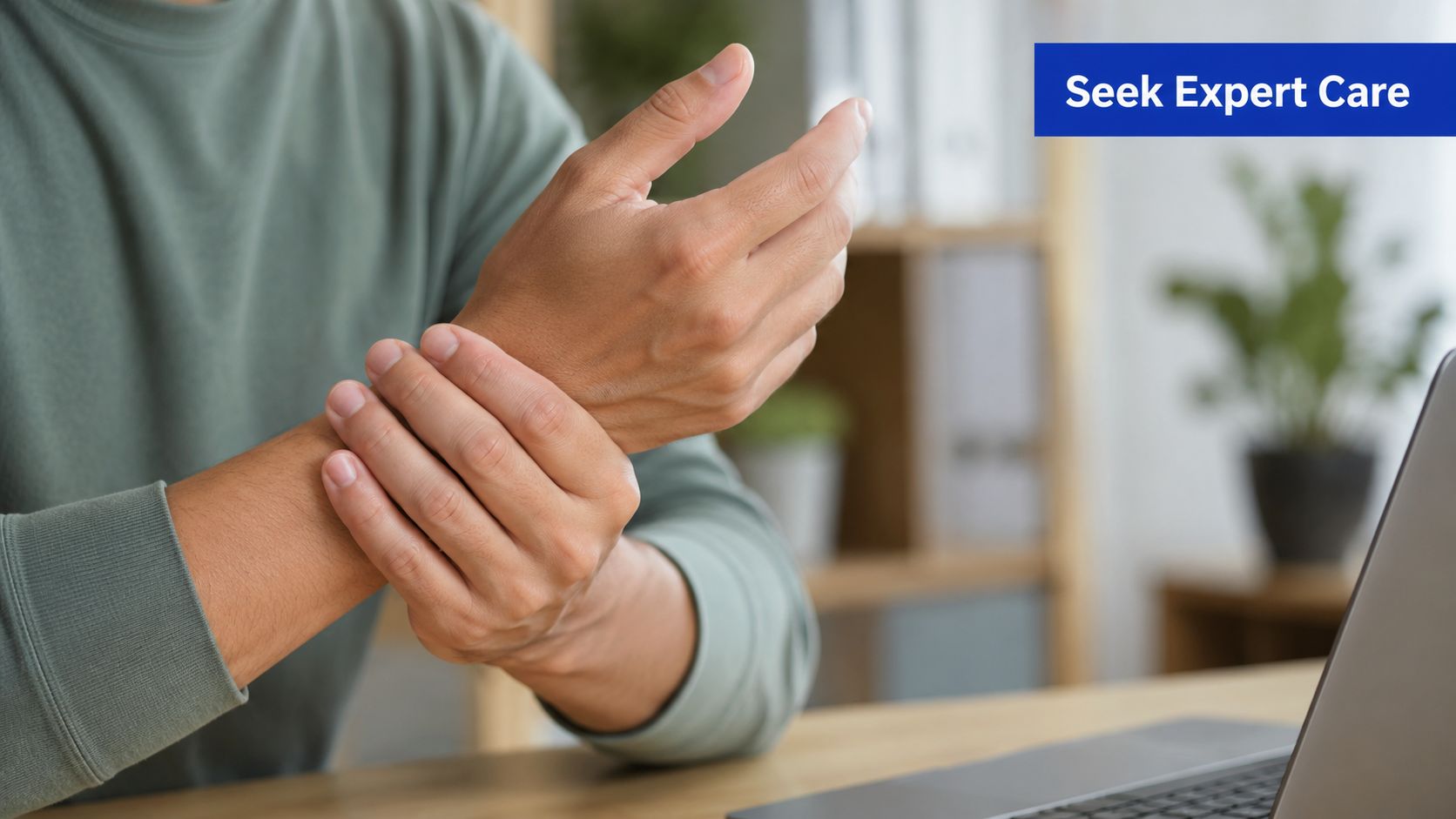 A person holding their wrist in pain while sitting at a desk with a computer.