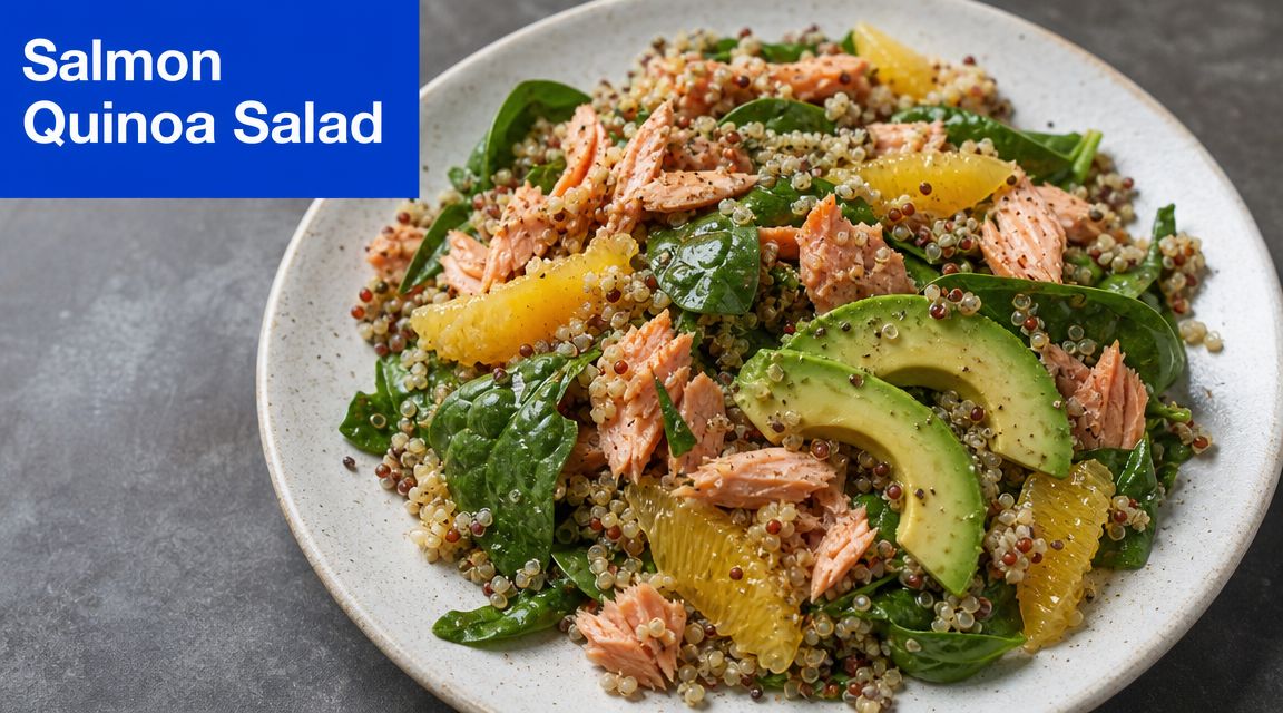 A healthy bowl of salmon quinoa salad with fresh spinach, sliced avocado, and segments of citrus orange.