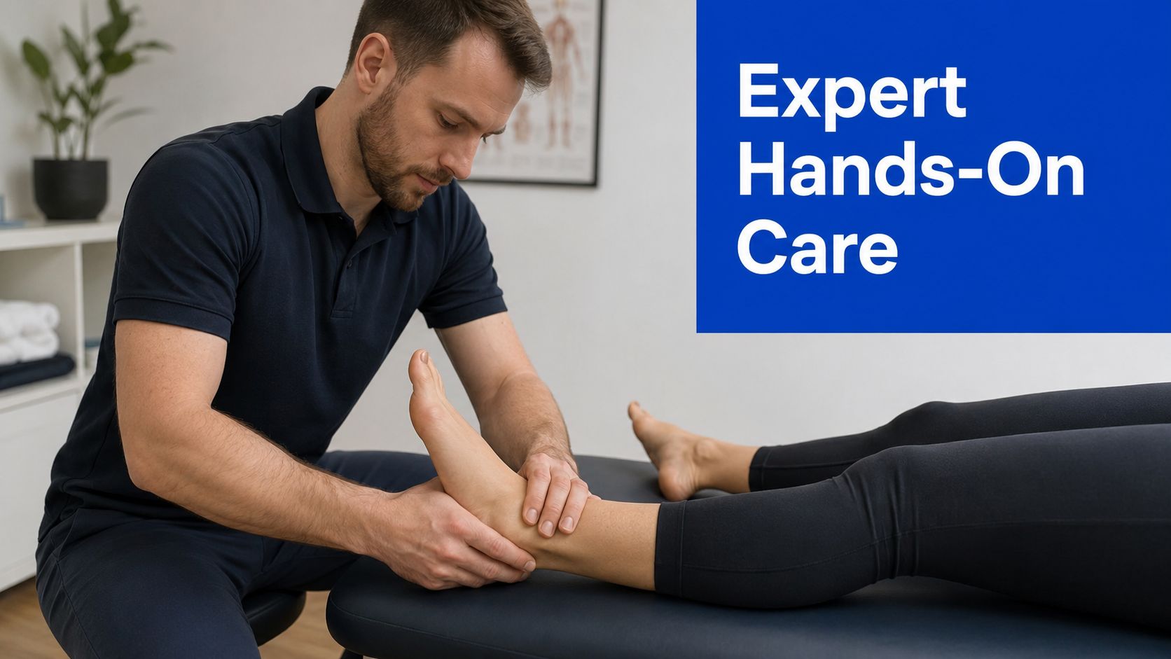 A professional physical therapist providing hands-on treatment and manipulation to a patient's ankle in a clinic.