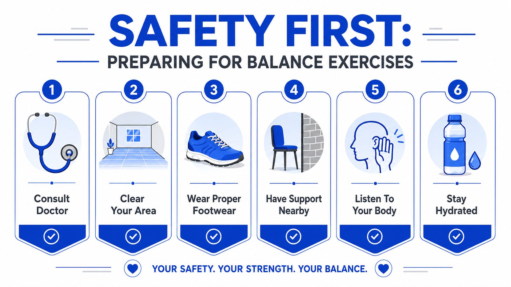A safety infographic showing six essential tips for preparing to perform balance exercises at home.