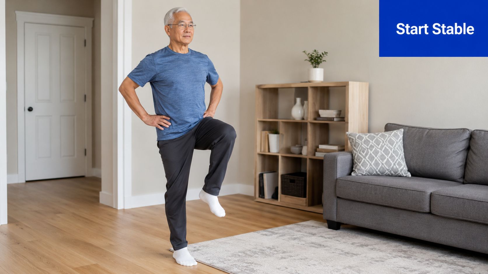 An elderly Asian man practicing balance and stability exercises by standing on one leg in his living room.