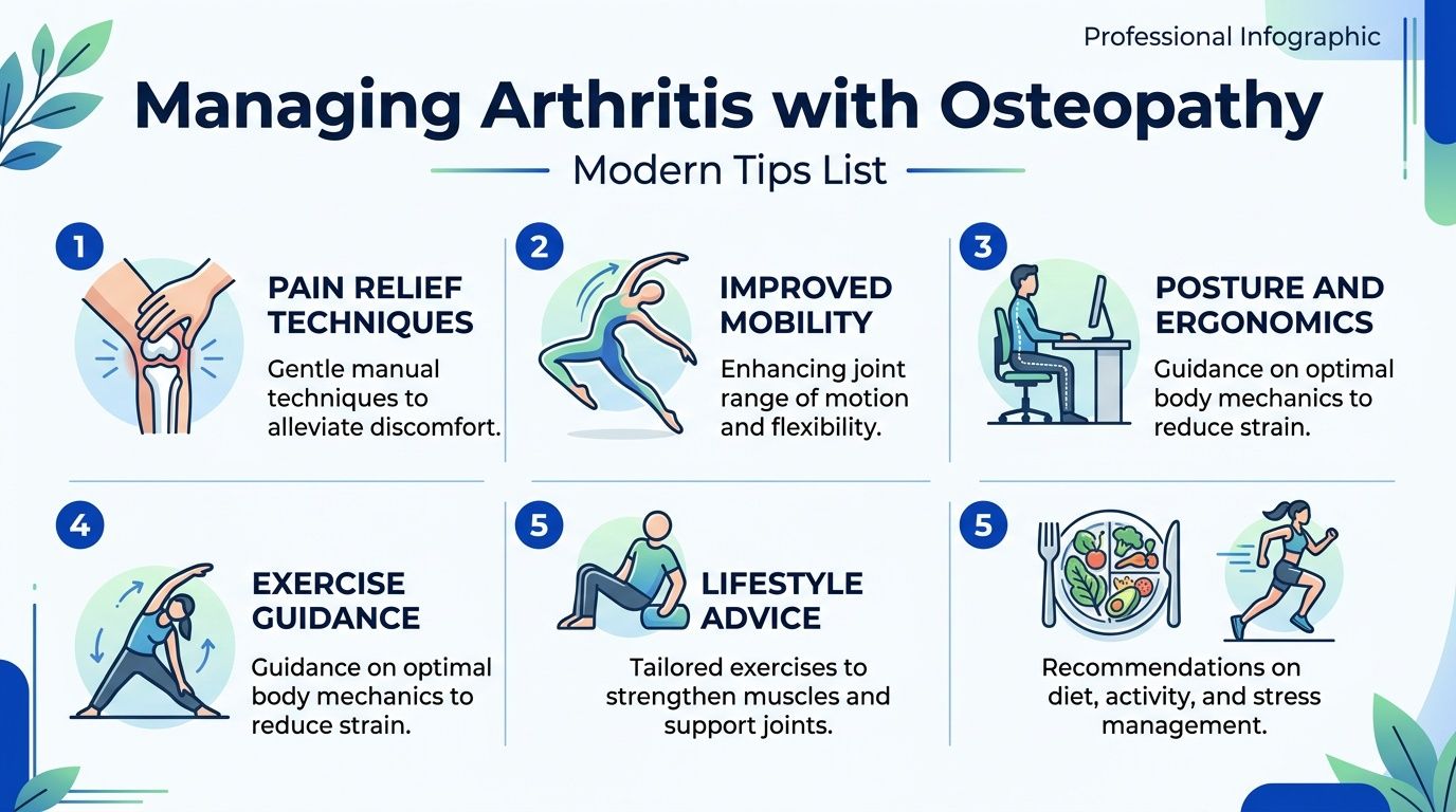 An infographic titled Managing Arthritis with Osteopathy, featuring five tips for managing symptoms through manual techniques and lifestyle.
