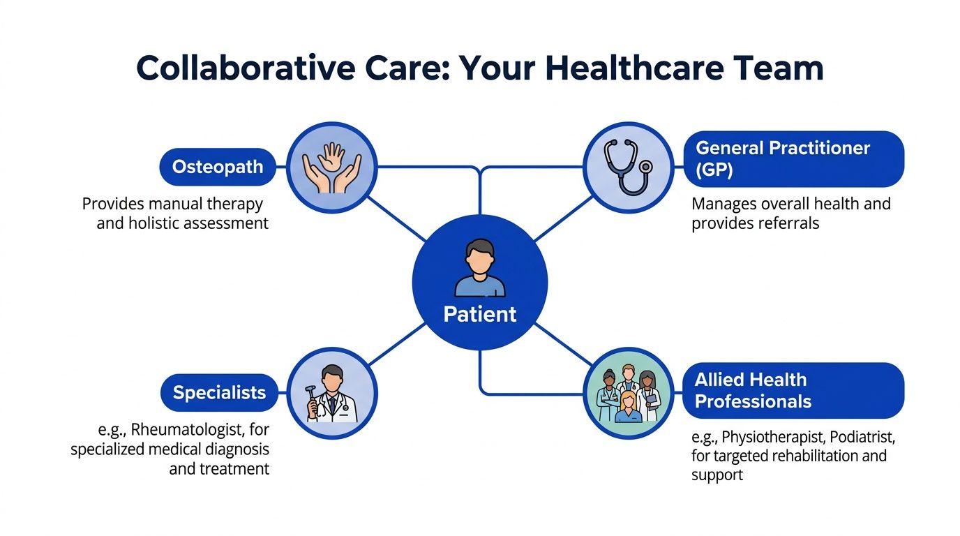 A diagram illustrating a collaborative healthcare team centered around a patient, including osteopaths, GPs, specialists, and allied professionals.