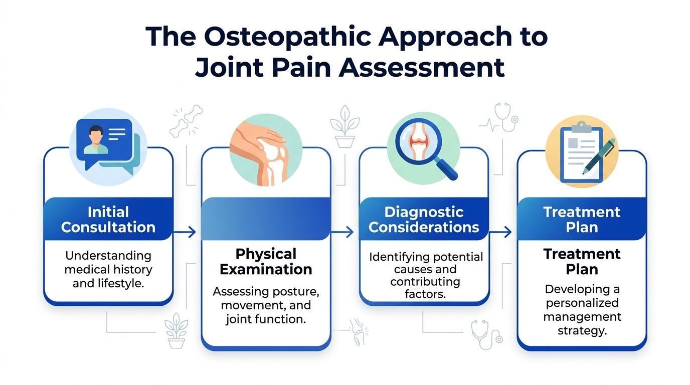 A diagram outlining the four steps of an osteopathic approach to assessing and treating joint pain.