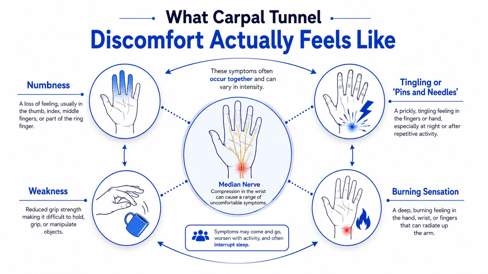 An infographic detailing common symptoms of carpal tunnel syndrome, including numbness, tingling, weakness, and burning sensations.