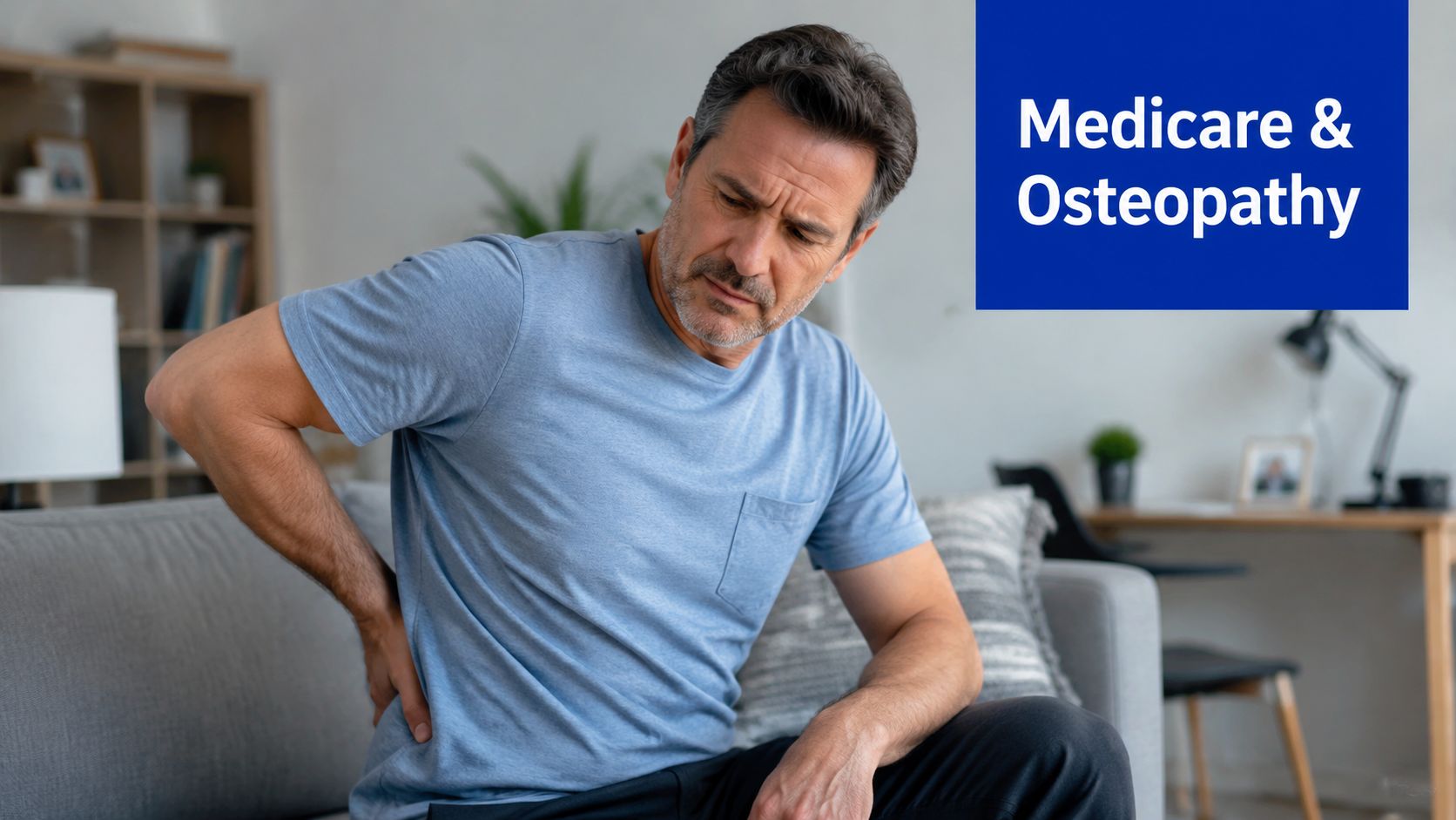 A middle-aged man sitting on a sofa and holding his lower back in pain from an injury.